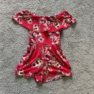 mine Red Floral Off-Shoulder Romper with Ruffle Neckline